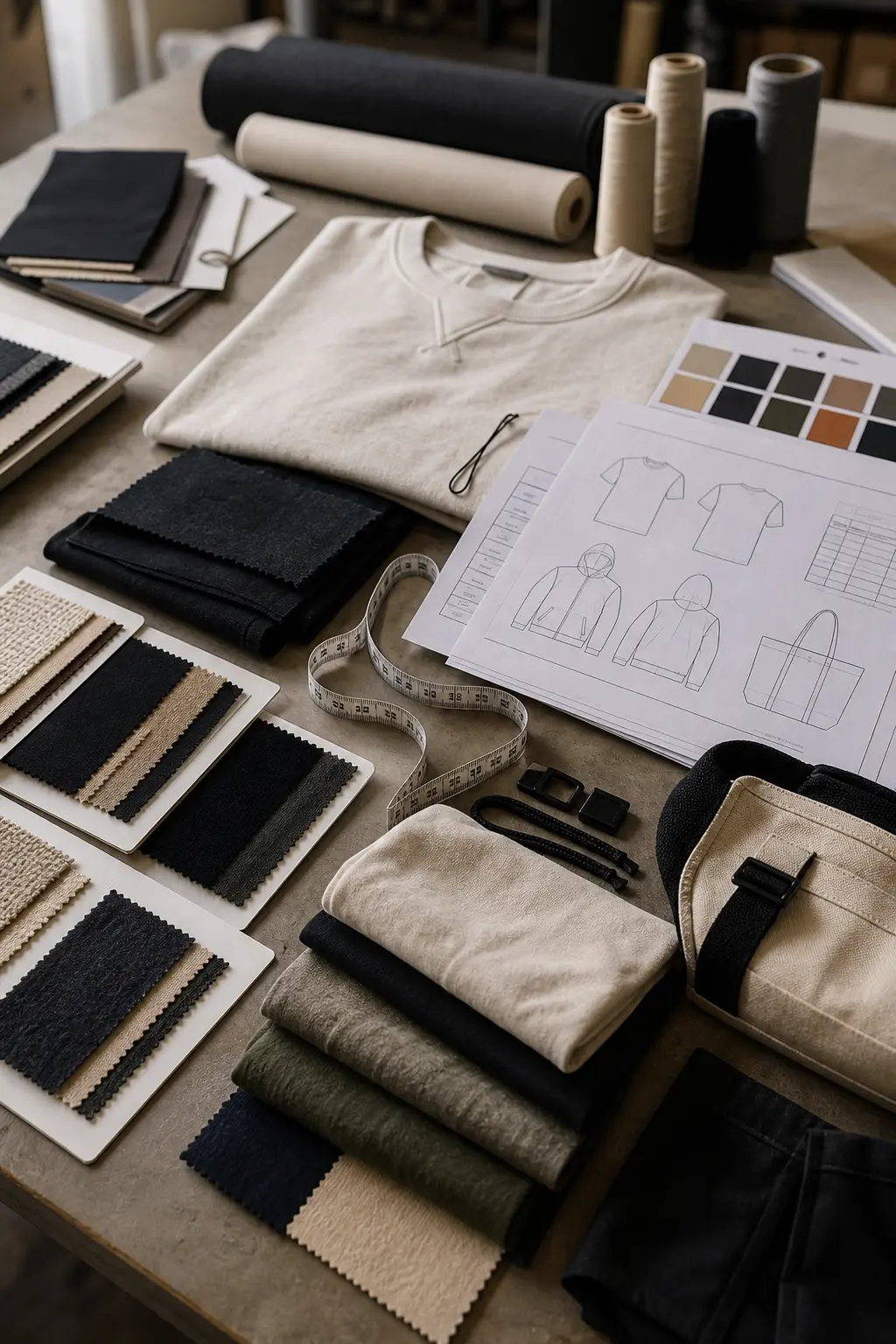 Apparel samples, bag materials, measuring tape, and production documents on a production worktable